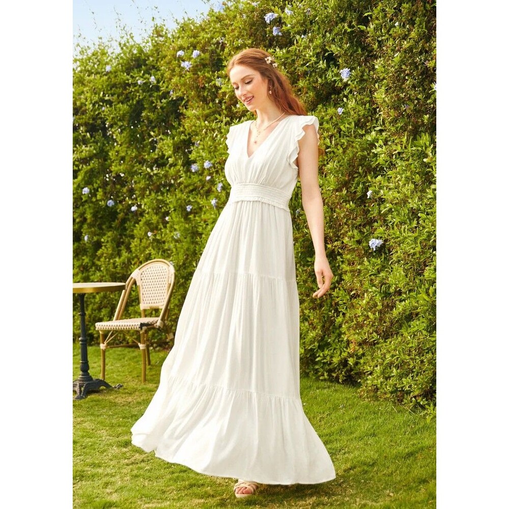 NWT Modcloth Notes of Grace Maxi Dress in White XL Tiered Ruffle Smocked Wedding